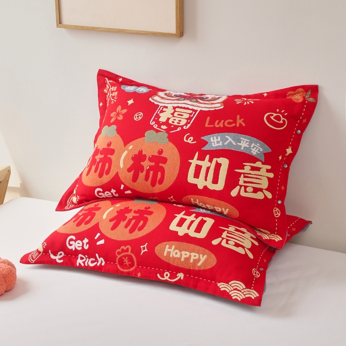 91家纺网 家纺一手货源 找家纺 悦然毛巾被 2025新款全棉纯棉大红纱布四层枕套 枕套单件 柿柿如意