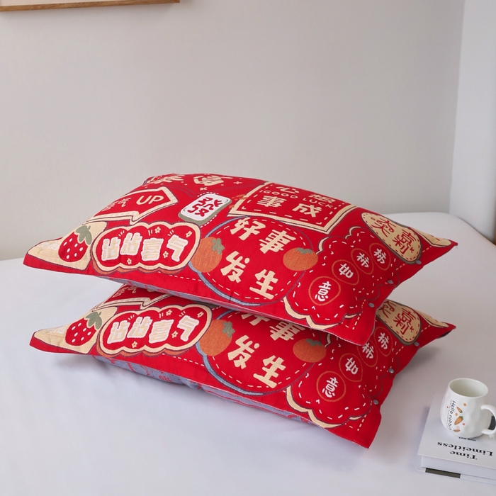 91家纺网 家纺一手货源 找家纺 悦然毛巾被 2025新款全棉纯棉大红纱布四层枕套 枕套单件 心想事成