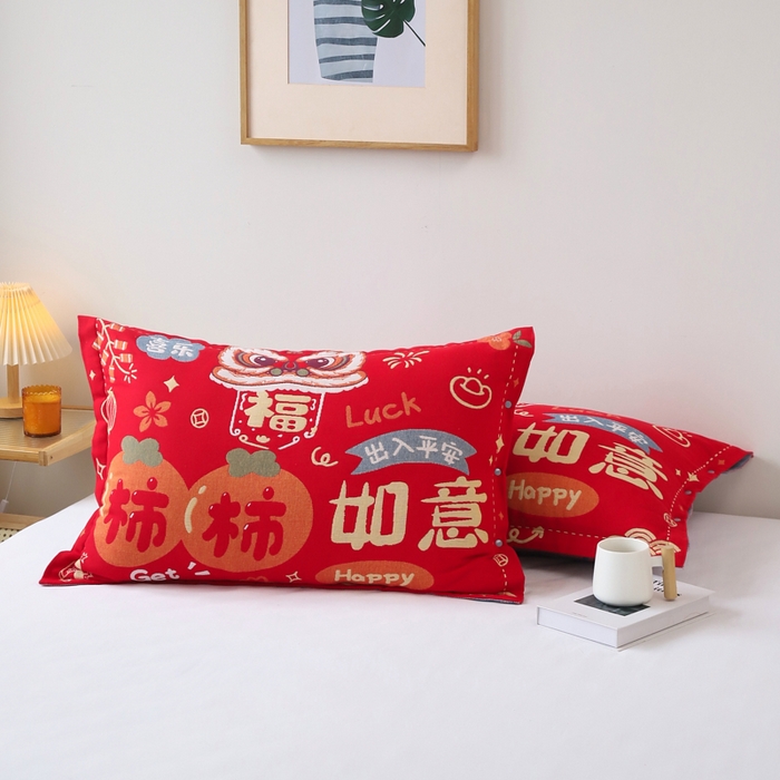 91家纺网 家纺一手货源 找家纺 悦然毛巾被 2025新款全棉纯棉大红纱布四层枕套 枕套单件 柿柿如意