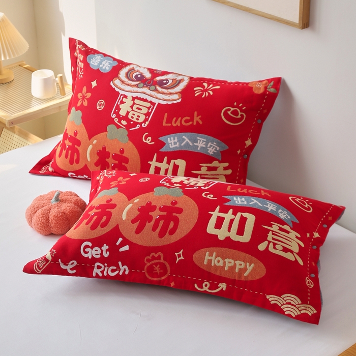 91家纺网 家纺一手货源 找家纺 悦然毛巾被 2025新款全棉纯棉大红纱布四层枕套 枕套单件 柿柿如意