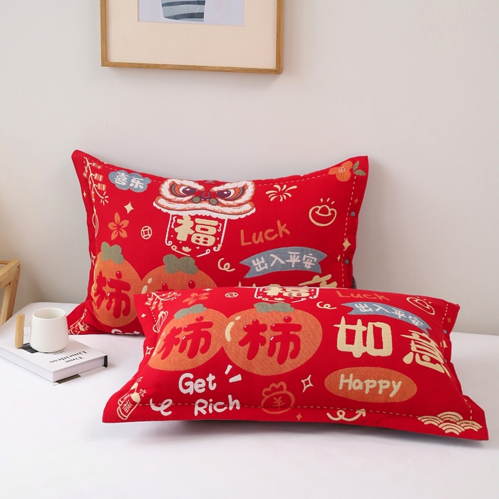 91家纺网 家纺一手货源 找家纺 悦然毛巾被 2025新款全棉纯棉大红纱布四层枕套 枕套单件 柿柿如意