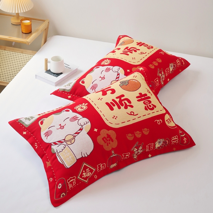 91家纺网 家纺一手货源 找家纺 （总）悦然毛巾被 2025新款全棉纯棉大红纱布四层枕套 枕套单件