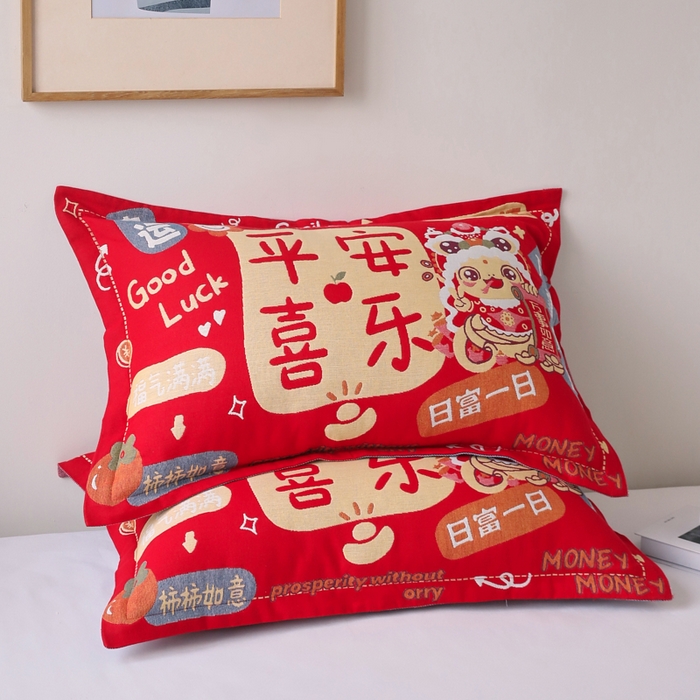 91家纺网 家纺一手货源 找家纺 悦然毛巾被 2025新款全棉纯棉大红纱布四层枕套 枕套单件 喜羊家园