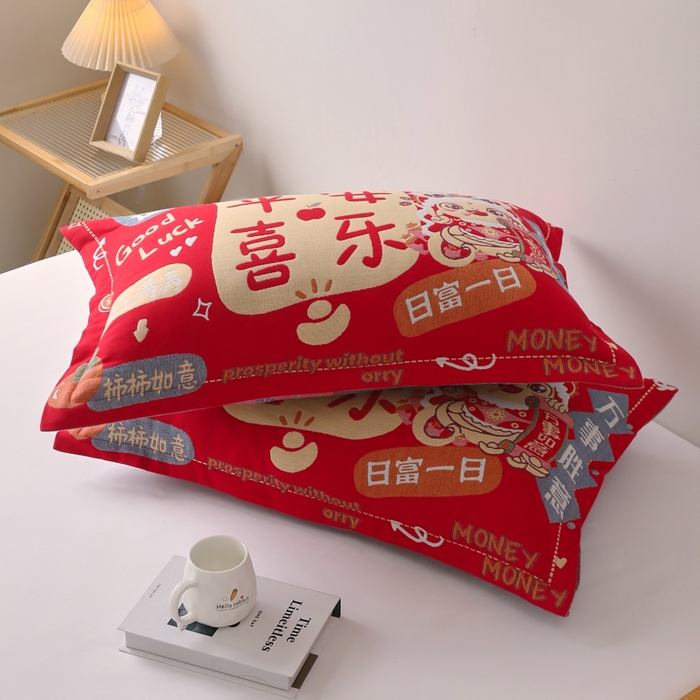 91家纺网 家纺一手货源 找家纺 悦然毛巾被 2025新款全棉纯棉大红纱布四层枕套 枕套单件 喜羊家园