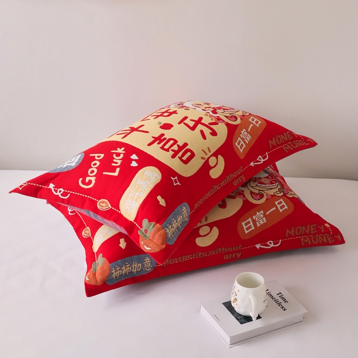 91家纺网 家纺一手货源 找家纺 悦然毛巾被 2025新款全棉纯棉大红纱布四层枕套 枕套单件 喜羊家园