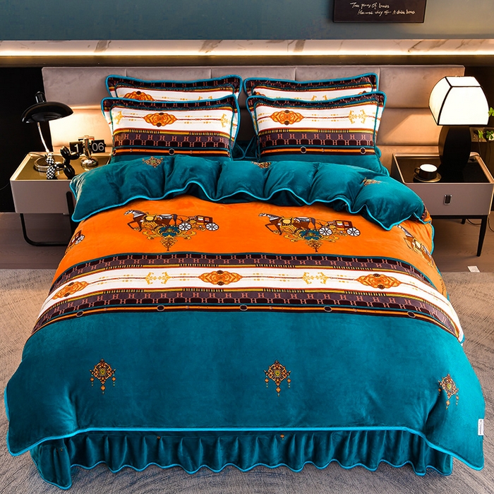 91家纺网 家纺一手货源 找家纺 绒宴 2025新款8.5斤牛奶绒金貂法莱绒床裙款保暖四件套 骑士风范