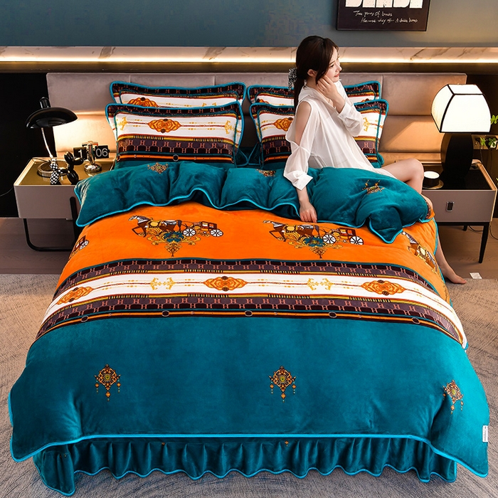 91家纺网 家纺一手货源 找家纺 绒宴 2025新款8.5斤牛奶绒金貂法莱绒床裙款保暖四件套 骑士风范