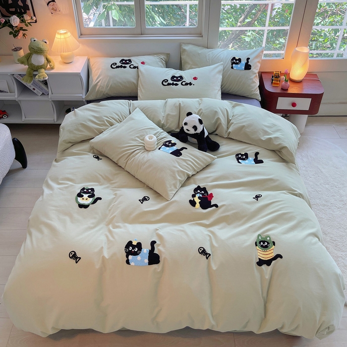 91家纺网 家纺一手货源 找家纺 炫拼家纺 2026新款全棉纯棉磨毛卡通满版绣加厚纯棉四件套-米兜 米兜-趣味猫