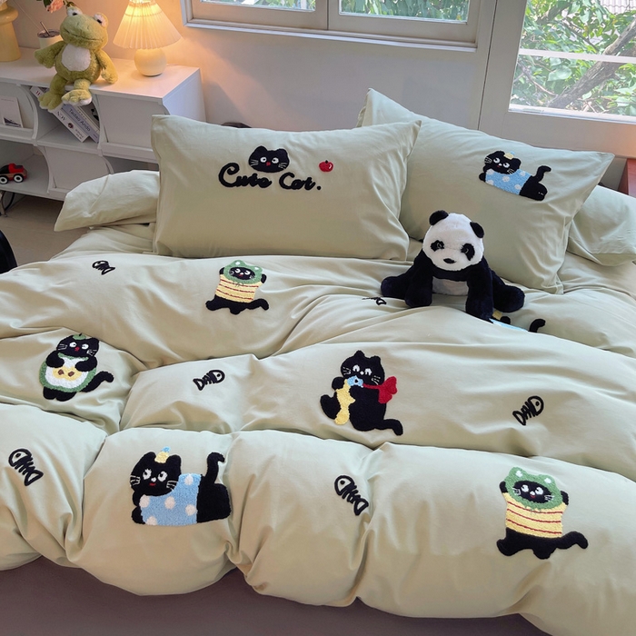 91家纺网 家纺一手货源 找家纺 炫拼家纺 2026新款全棉纯棉磨毛卡通满版绣加厚纯棉四件套-米兜 米兜-趣味猫