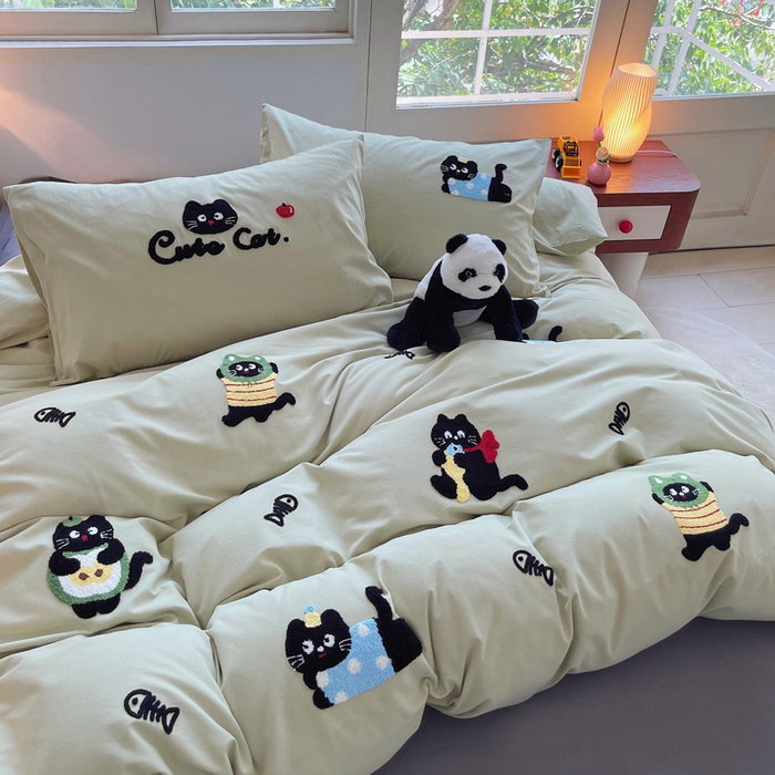 91家纺网 家纺一手货源 找家纺 炫拼家纺 2026新款全棉纯棉磨毛卡通满版绣加厚纯棉四件套-米兜 米兜-趣味猫