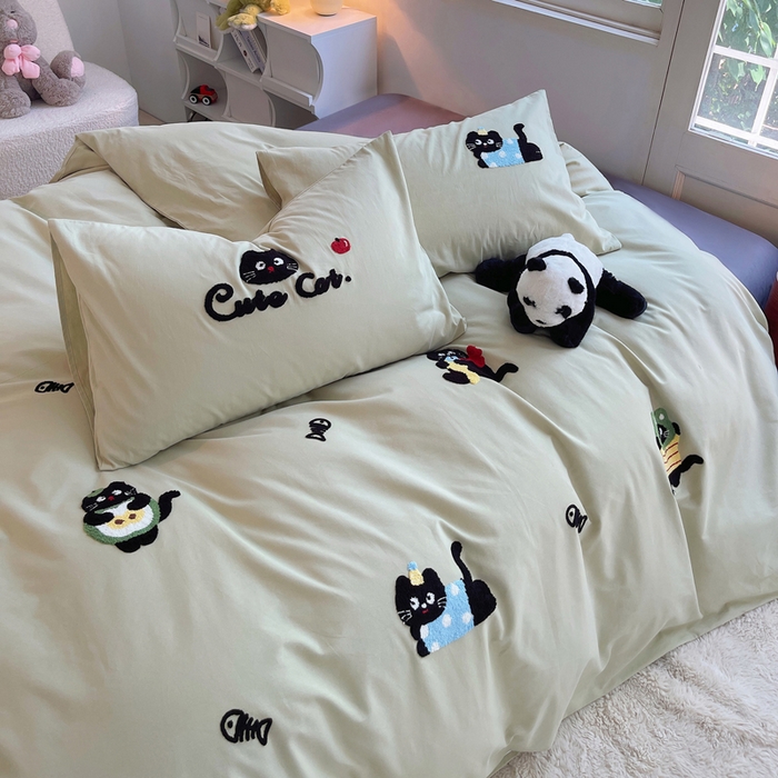 91家纺网 家纺一手货源 找家纺 炫拼家纺 2026新款全棉纯棉磨毛卡通满版绣加厚纯棉四件套-米兜 米兜-趣味猫