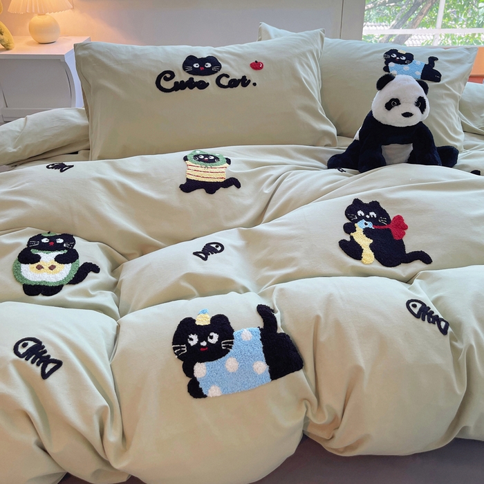 91家纺网 家纺一手货源 找家纺 炫拼家纺 2026新款全棉纯棉磨毛卡通满版绣加厚纯棉四件套-米兜 米兜-趣味猫