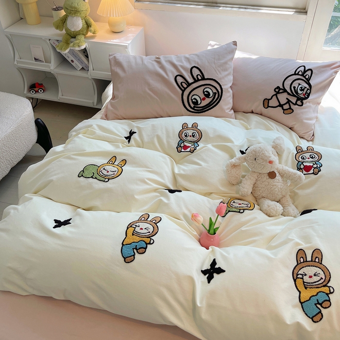 91家纺网 家纺一手货源 找家纺 炫拼家纺 2026新款全棉纯棉磨毛卡通满版绣加厚纯棉四件套-米兜 米兜-淘气兔