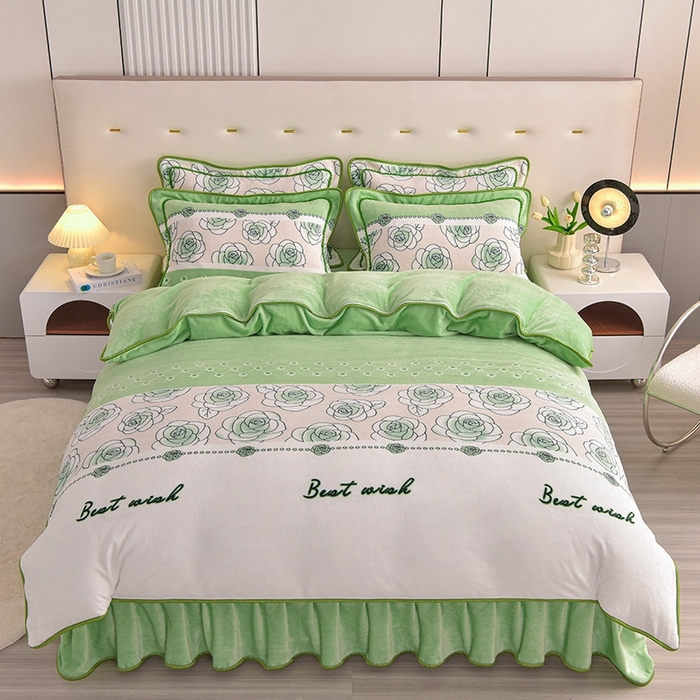 91家纺网 家纺一手货源 找家纺 绒宴 2025新款8.5斤牛奶绒金貂法莱绒床裙款保暖四件套 爱丽丝-绿