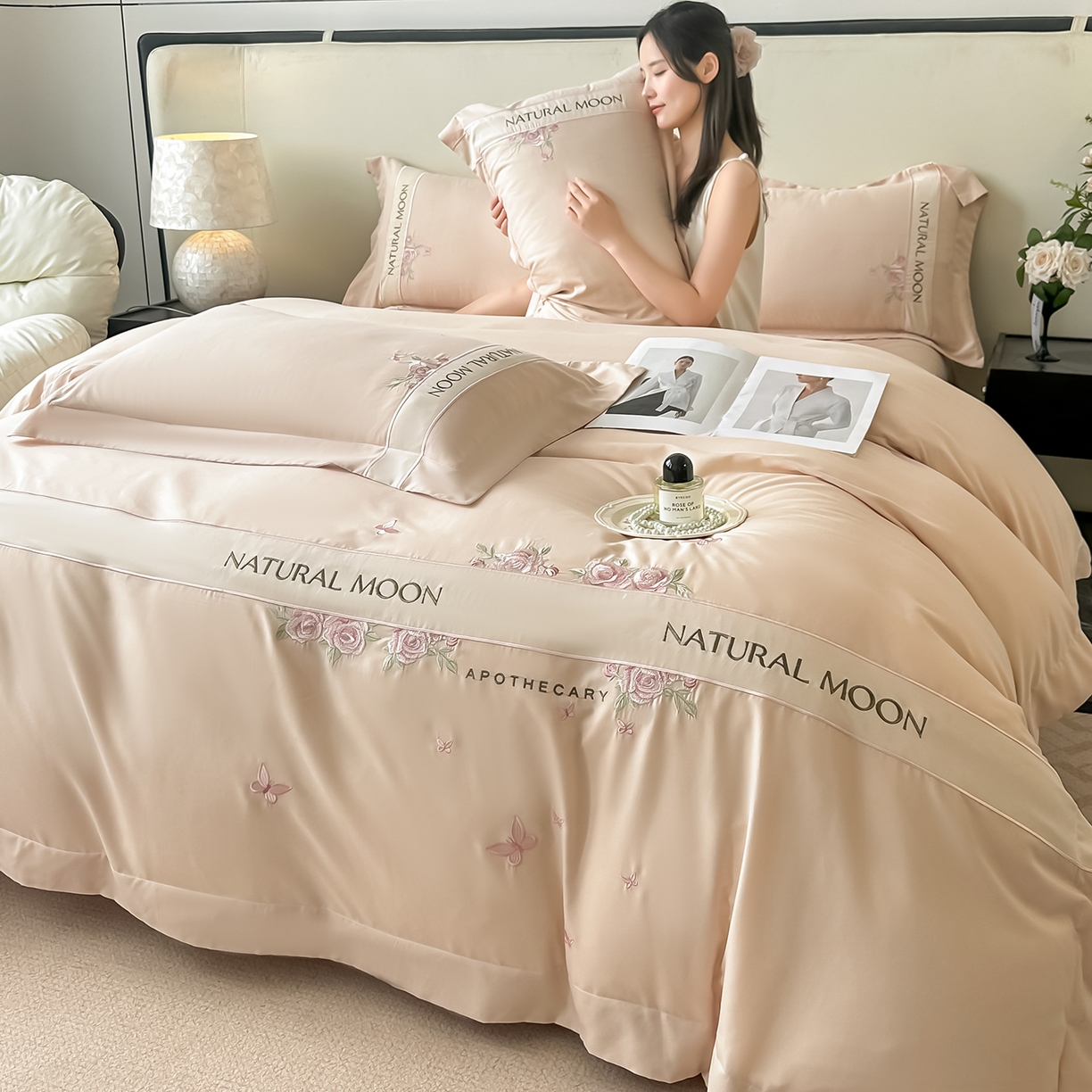 遇见家居生活馆 2025新款亲肤棉刺绣四件套-花田里 花田里-香槟色