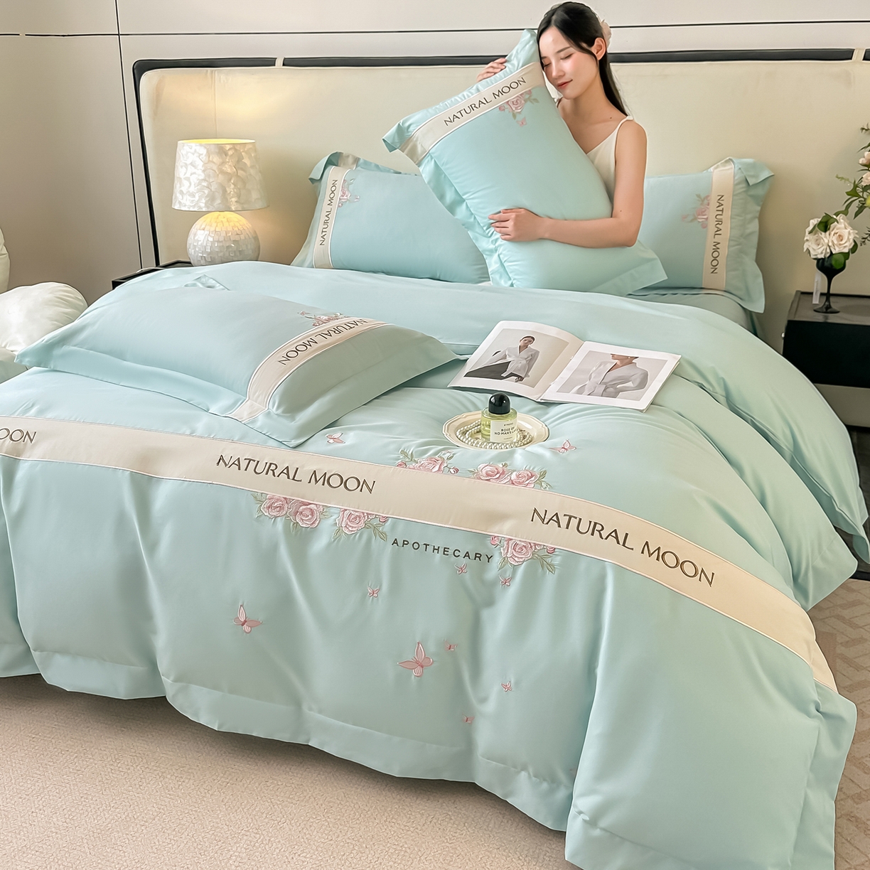 遇见家居生活馆 2025新款亲肤棉刺绣四件套-花田里 花田里-冰清绿