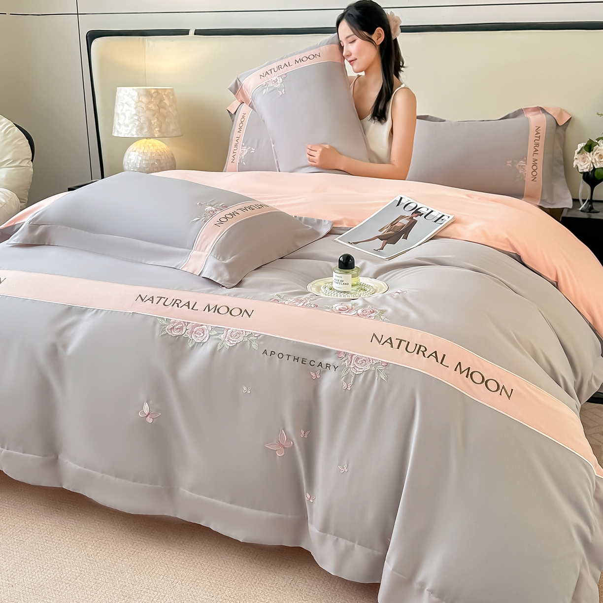 遇见家居生活馆 2025新款亲肤棉刺绣四件套-花田里 花田里-灰粉