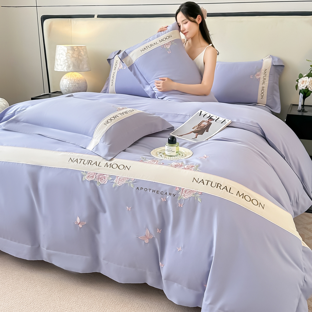 遇见家居生活馆 2025新款亲肤棉刺绣四件套-花田里 花田里-香芋紫