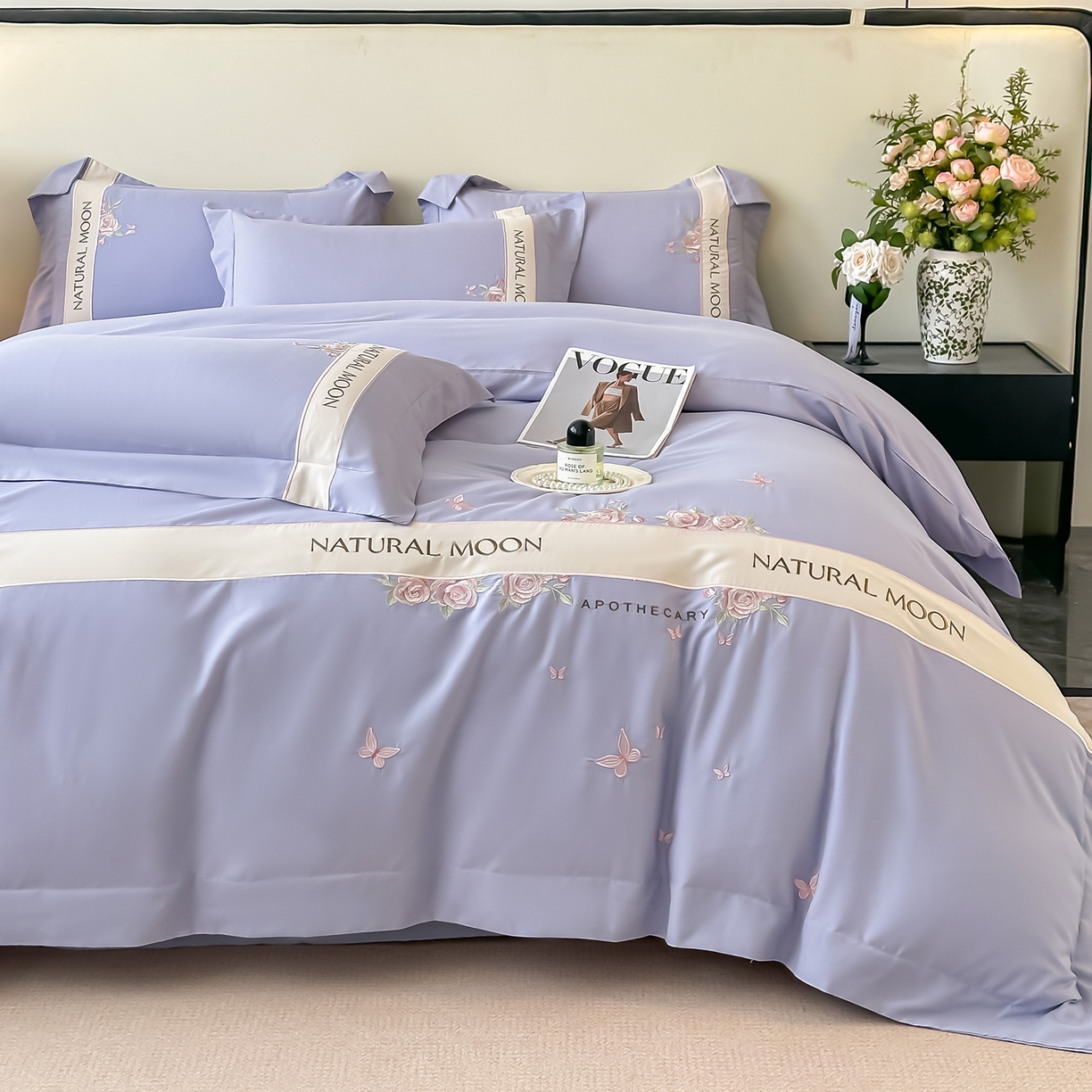 91家纺网 家纺一手货源 找家纺 遇见家居生活馆 2025新款亲肤棉刺绣四件套-花田里 花田里-香芋紫