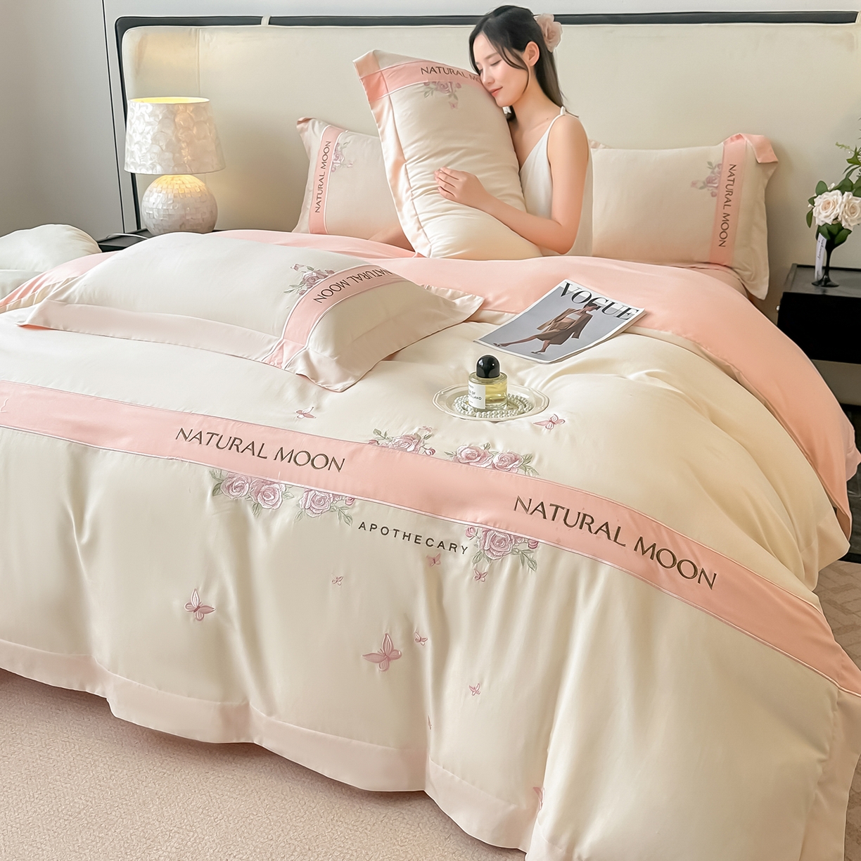 遇见家居生活馆 2025新款亲肤棉刺绣四件套-花田里 花田里-白粉