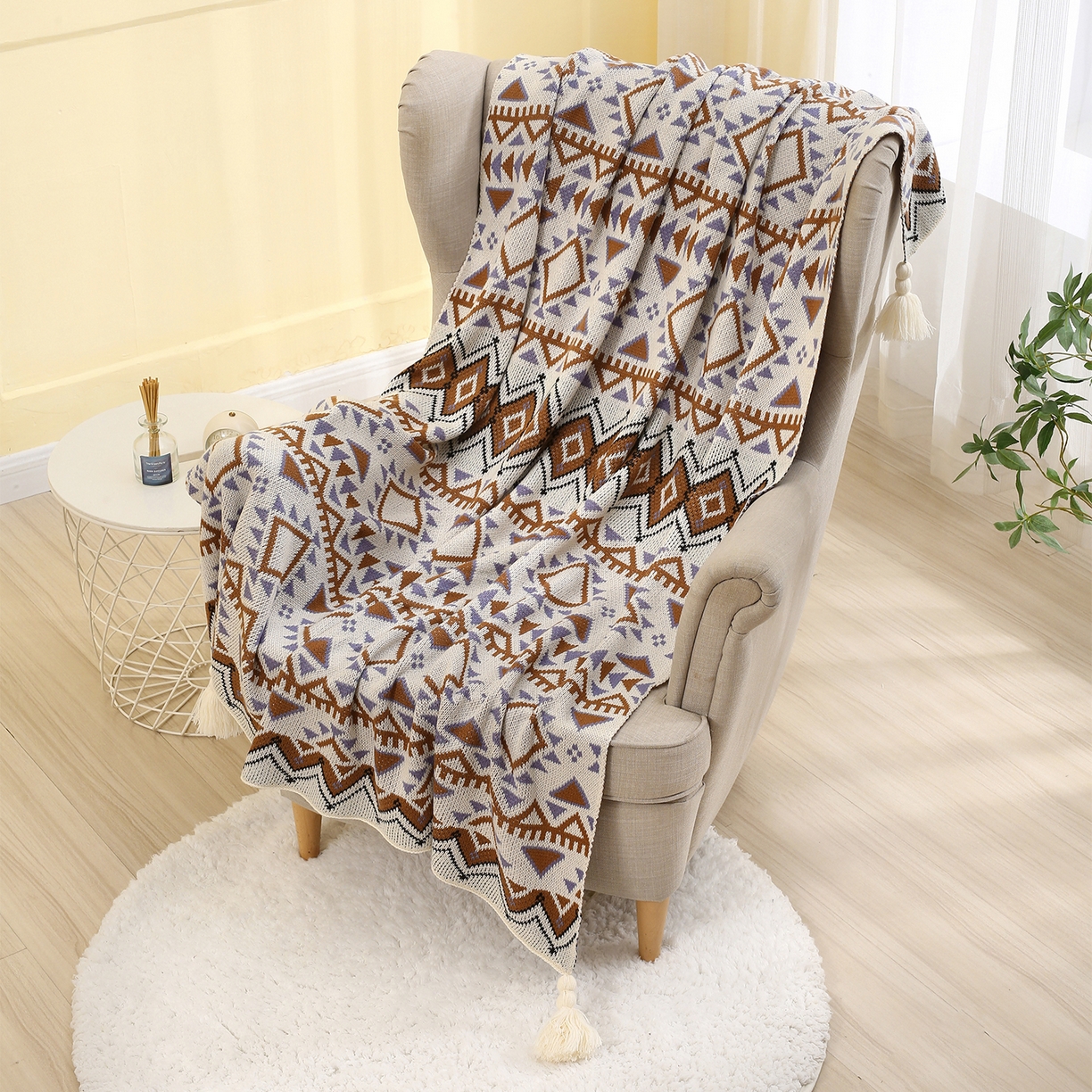 91家纺网 家纺一手货源 找家纺 （总）悦织湾家纺 2025新款扫把头几何针织毛毯亲肤盖毯针织毯休闲沙发毯跨境专供外贸出口