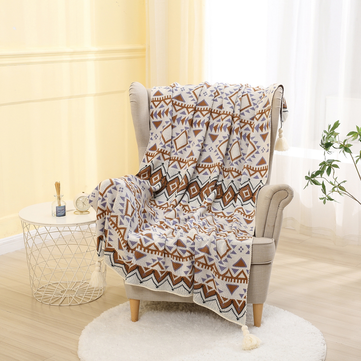 91家纺网 家纺一手货源 找家纺 （总）悦织湾家纺 2025新款扫把头几何针织毛毯亲肤盖毯针织毯休闲沙发毯跨境专供外贸出口