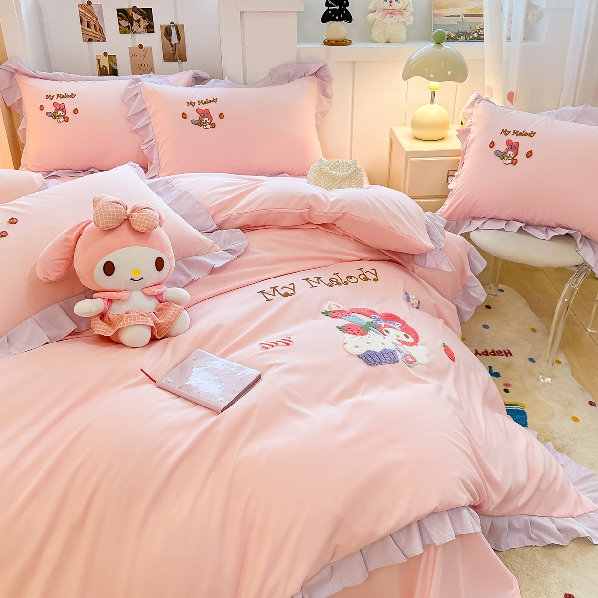 91家纺网 家纺一手货源 找家纺 （总）博雅 2025春夏新款毛巾绣三丽鸥水洗棉花边四件套正版授权