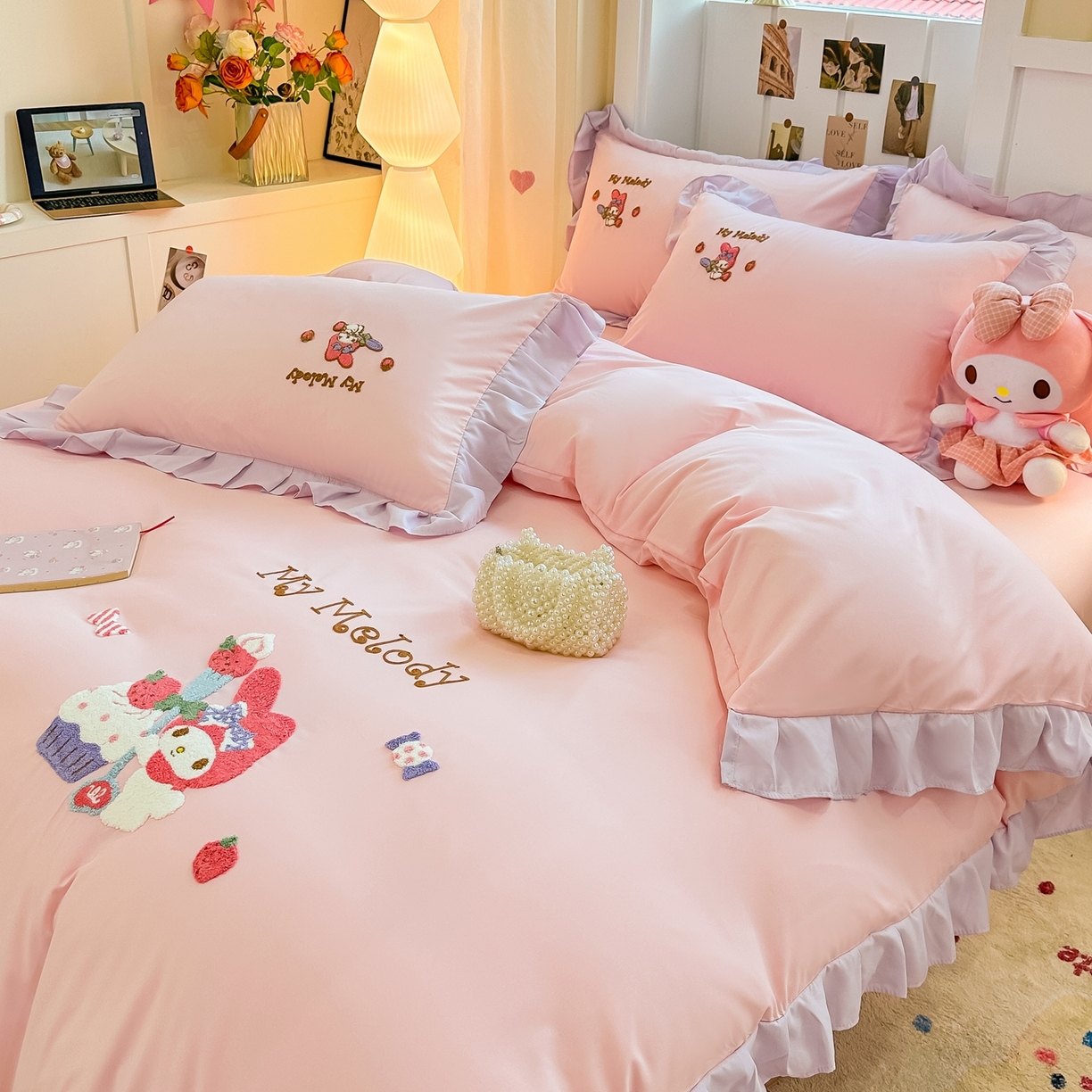 91家纺网 家纺一手货源 找家纺 博雅 2025春夏新款毛巾绣三丽鸥水洗棉花边四件套正版授权 毛巾绣-蛋糕美乐蒂