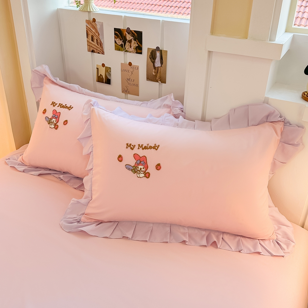 91家纺网 家纺一手货源 找家纺 博雅 2025春夏新款毛巾绣三丽鸥水洗棉花边四件套正版授权 毛巾绣-蛋糕美乐蒂