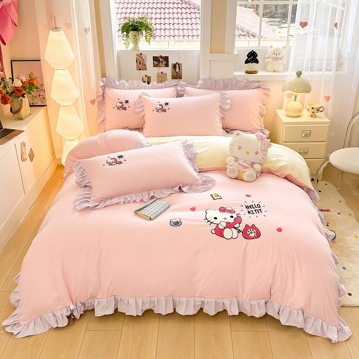 91家纺网 家纺一手货源 找家纺 博雅 2025春夏新款毛巾绣三丽鸥水洗棉花边四件套正版授权 毛巾绣-电话KT猫