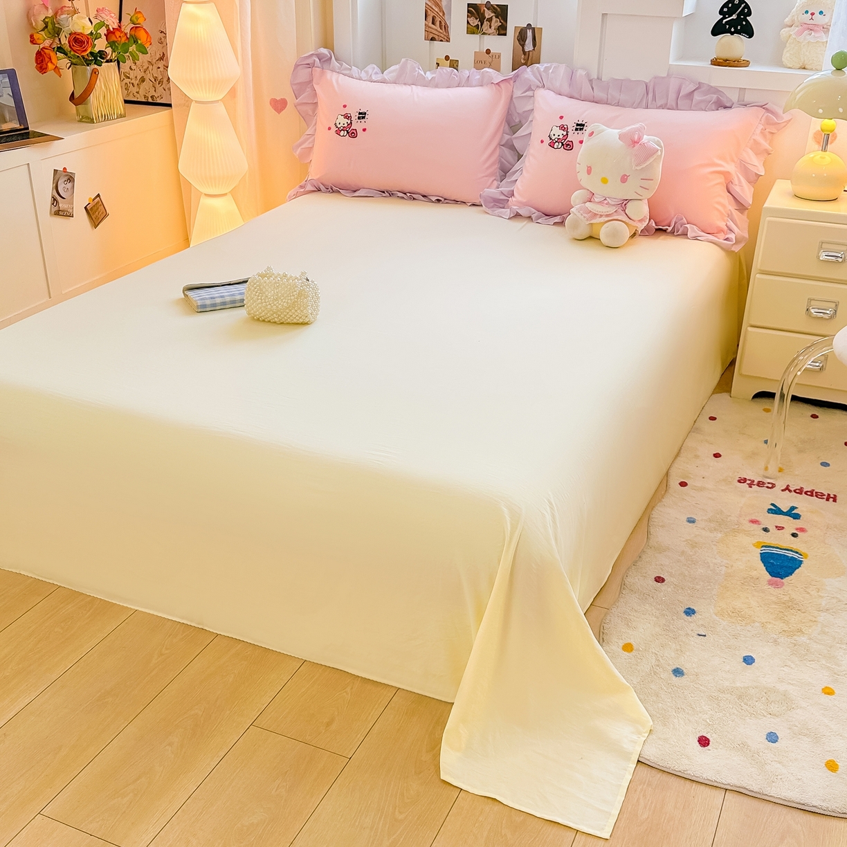 91家纺网 家纺一手货源 找家纺 博雅 2025春夏新款毛巾绣三丽鸥水洗棉花边四件套正版授权 毛巾绣-电话KT猫