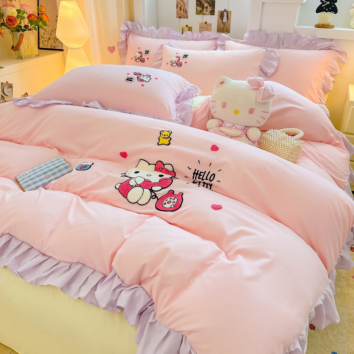 91家纺网 家纺一手货源 找家纺 博雅 2025春夏新款毛巾绣三丽鸥水洗棉花边四件套正版授权 毛巾绣-电话KT猫