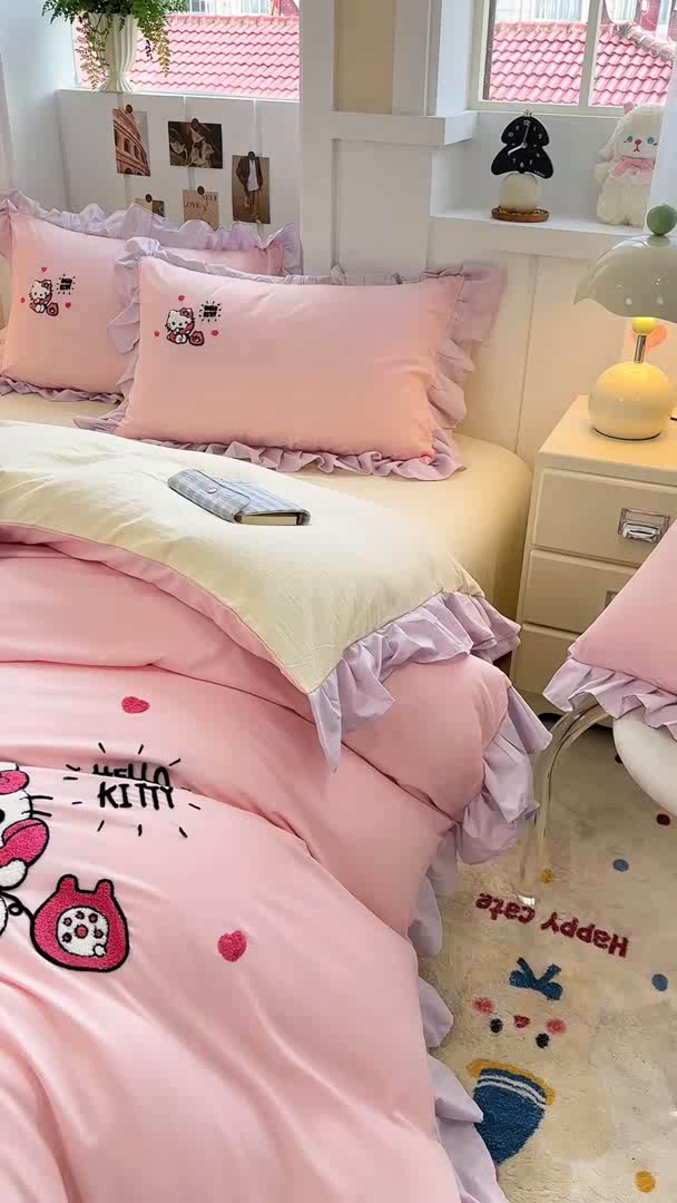 91家纺网 家纺一手货源 找家纺 博雅 2025春夏新款毛巾绣三丽鸥水洗棉花边四件套正版授权 毛巾绣-电话KT猫