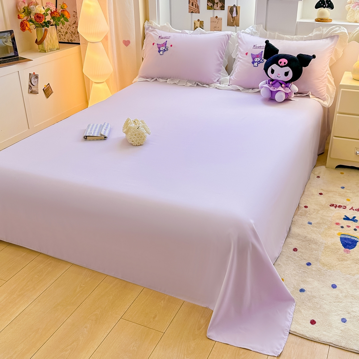 91家纺网 家纺一手货源 找家纺 博雅 2025春夏新款毛巾绣三丽鸥水洗棉花边四件套正版授权 毛巾绣-多彩库洛米