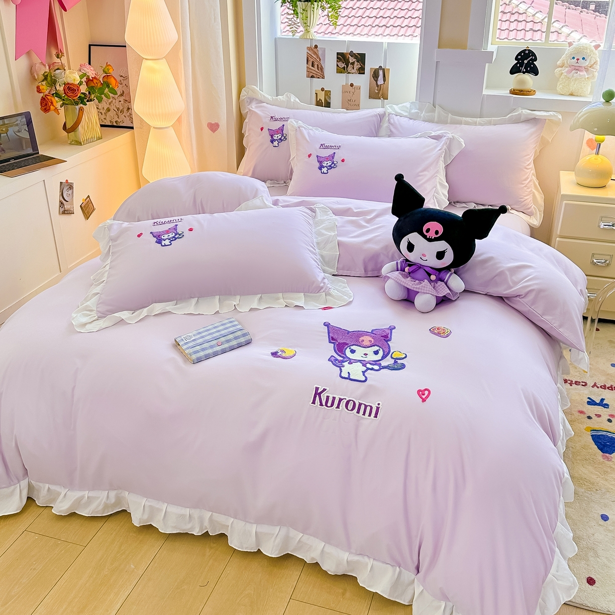 91家纺网 家纺一手货源 找家纺 博雅 2025春夏新款毛巾绣三丽鸥水洗棉花边四件套正版授权 毛巾绣-多彩库洛米