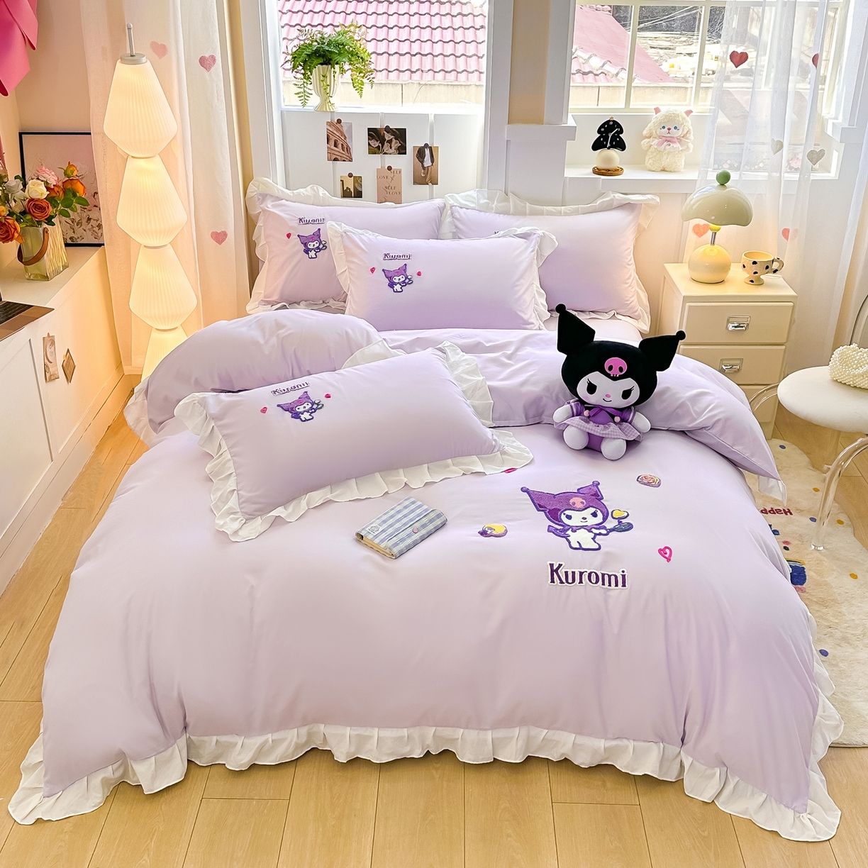 91家纺网 家纺一手货源 找家纺 博雅 2025春夏新款毛巾绣三丽鸥水洗棉花边四件套正版授权 毛巾绣-多彩库洛米