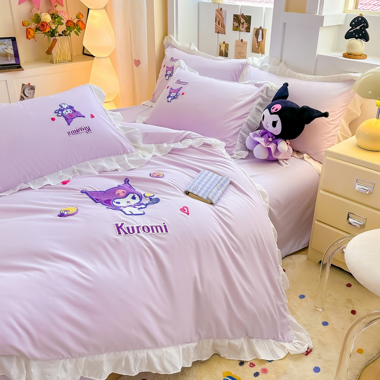 91家纺网 家纺一手货源 找家纺 博雅 2025春夏新款毛巾绣三丽鸥水洗棉花边四件套正版授权 毛巾绣-多彩库洛米