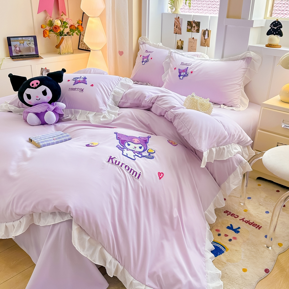 91家纺网 家纺一手货源 找家纺 博雅 2025春夏新款毛巾绣三丽鸥水洗棉花边四件套正版授权 毛巾绣-多彩库洛米