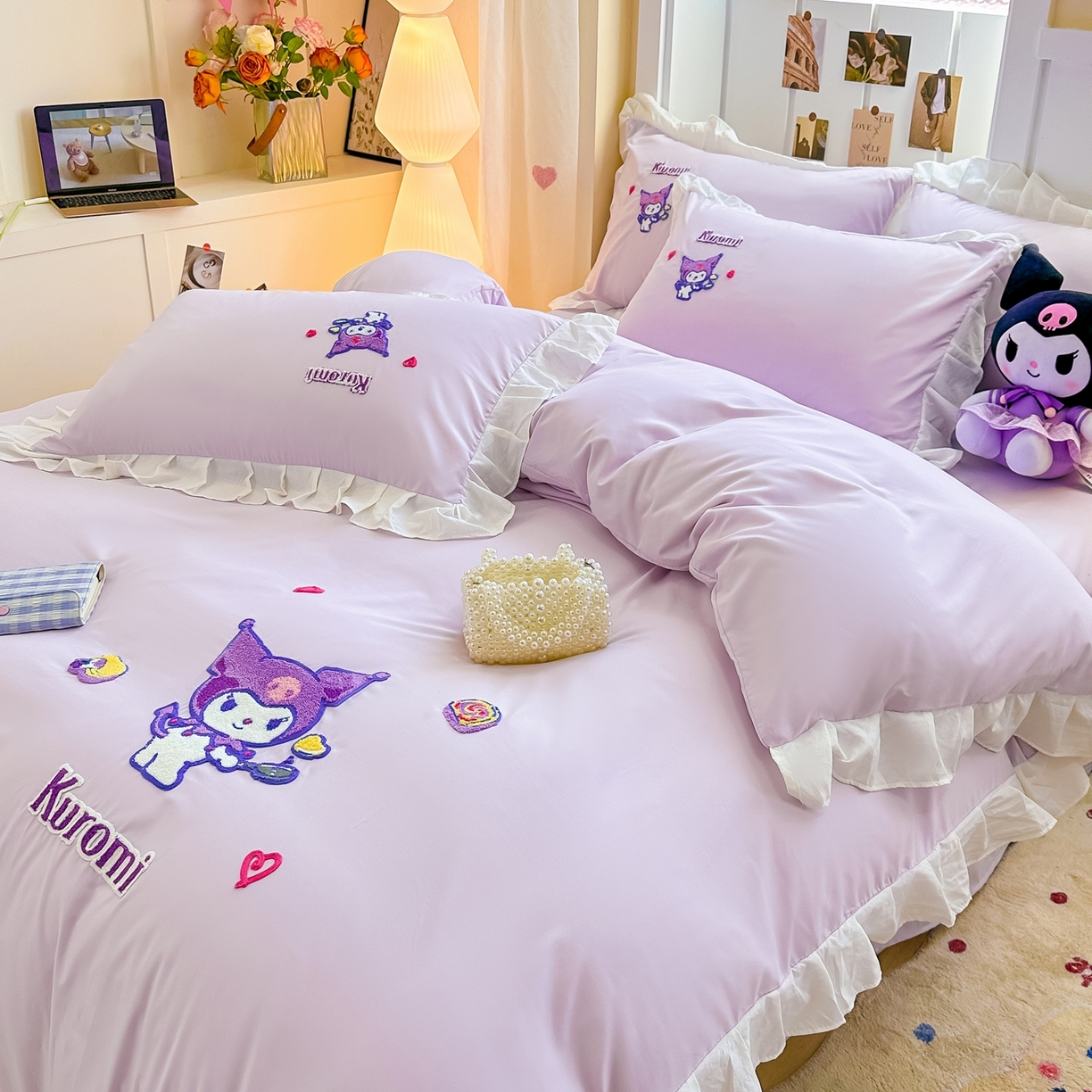 91家纺网 家纺一手货源 找家纺 博雅 2025春夏新款毛巾绣三丽鸥水洗棉花边四件套正版授权 毛巾绣-多彩库洛米