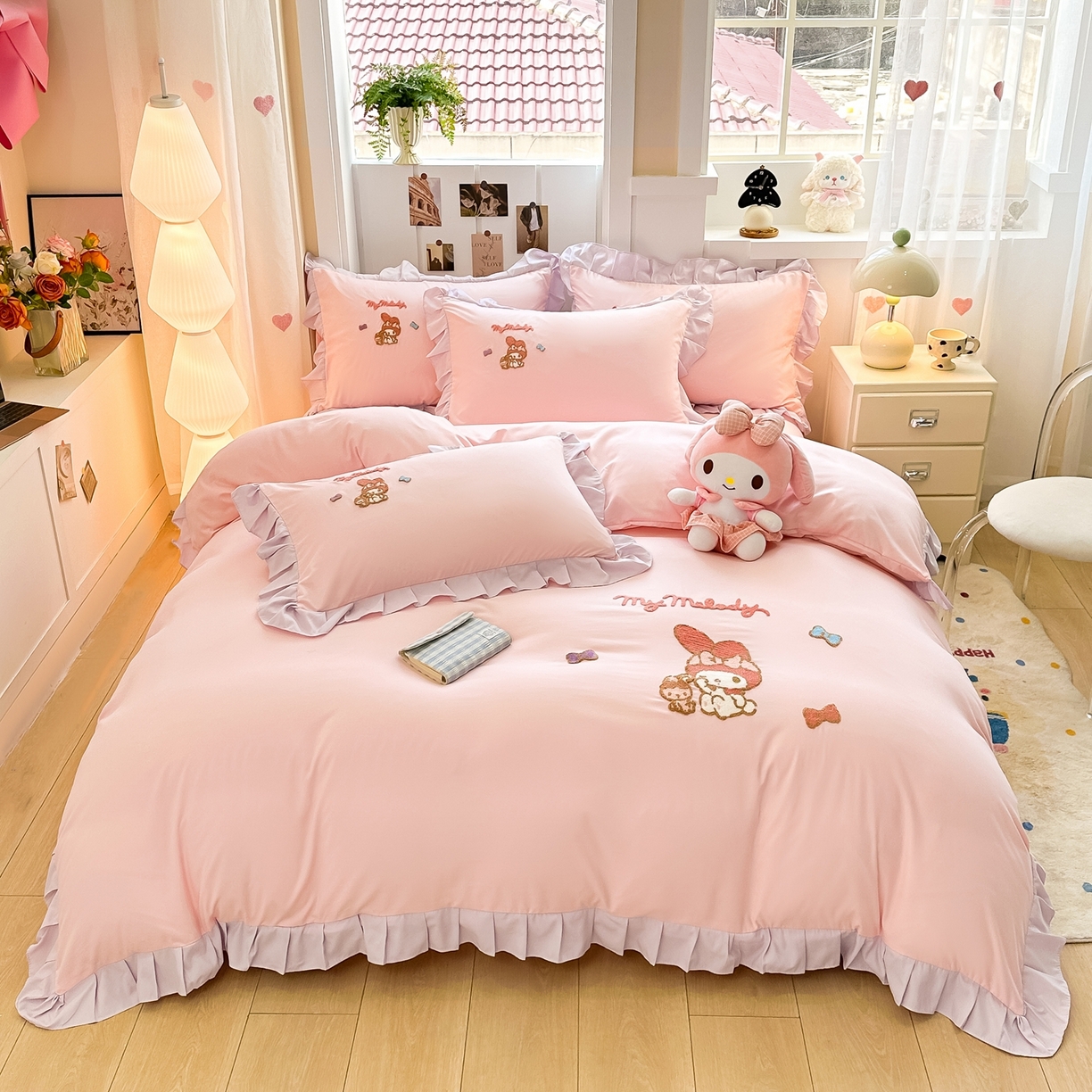 91家纺网 家纺一手货源 找家纺 博雅 2025春夏新款毛巾绣三丽鸥水洗棉花边四件套正版授权 毛巾绣-小兔美乐蒂