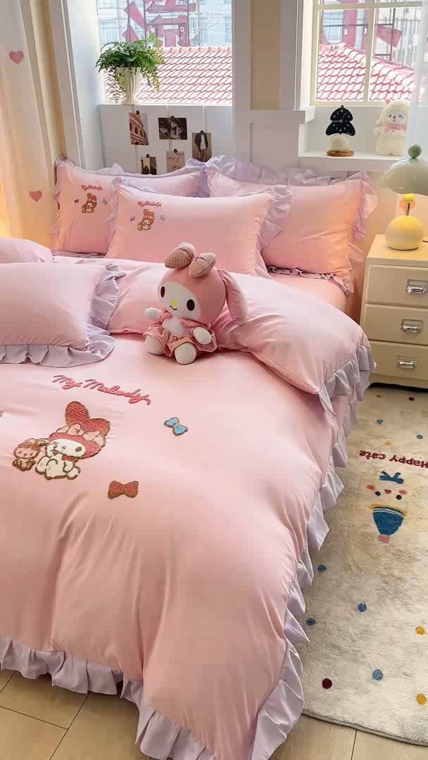 91家纺网 家纺一手货源 找家纺 博雅 2025春夏新款毛巾绣三丽鸥水洗棉花边四件套正版授权 毛巾绣-小兔美乐蒂