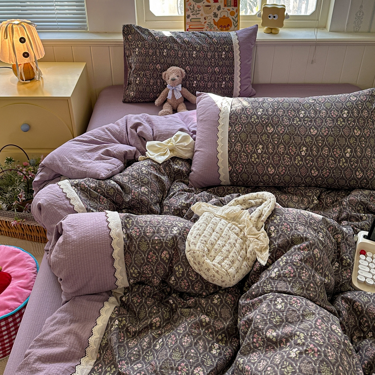 91家纺网 家纺一手货源 找家纺 （总）水墨江南 2025新款云感皱皱纱全棉花边四件套场景一