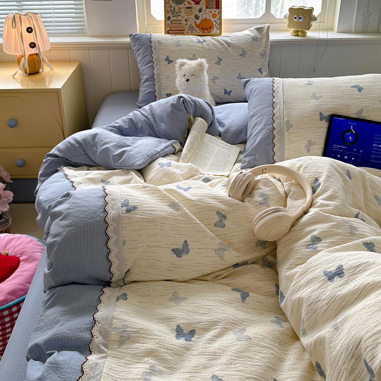 91家纺网 家纺一手货源 找家纺 （总）水墨江南 2025新款云感皱皱纱全棉花边四件套场景一