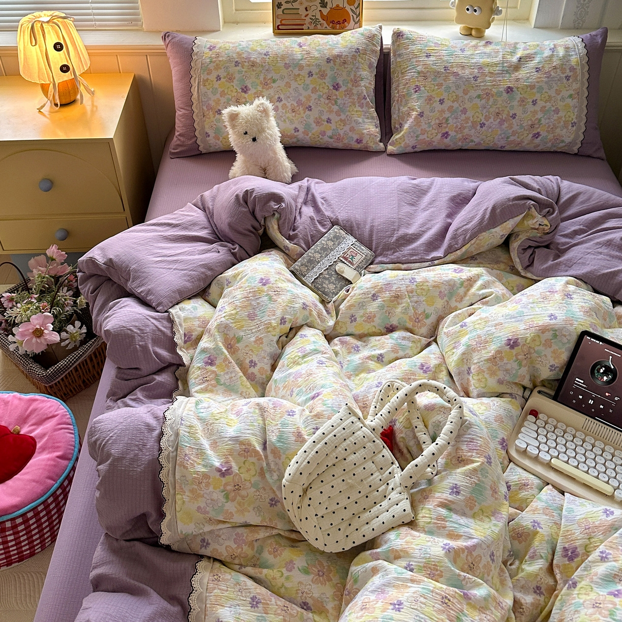 91家纺网 家纺一手货源 找家纺 （总）水墨江南 2025新款云感皱皱纱全棉花边四件套场景一