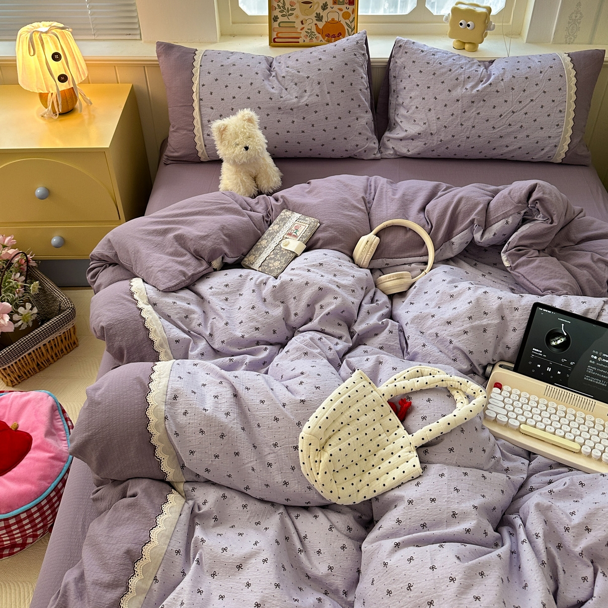 91家纺网 家纺一手货源 找家纺 （总）水墨江南 2025新款云感皱皱纱全棉花边四件套场景一