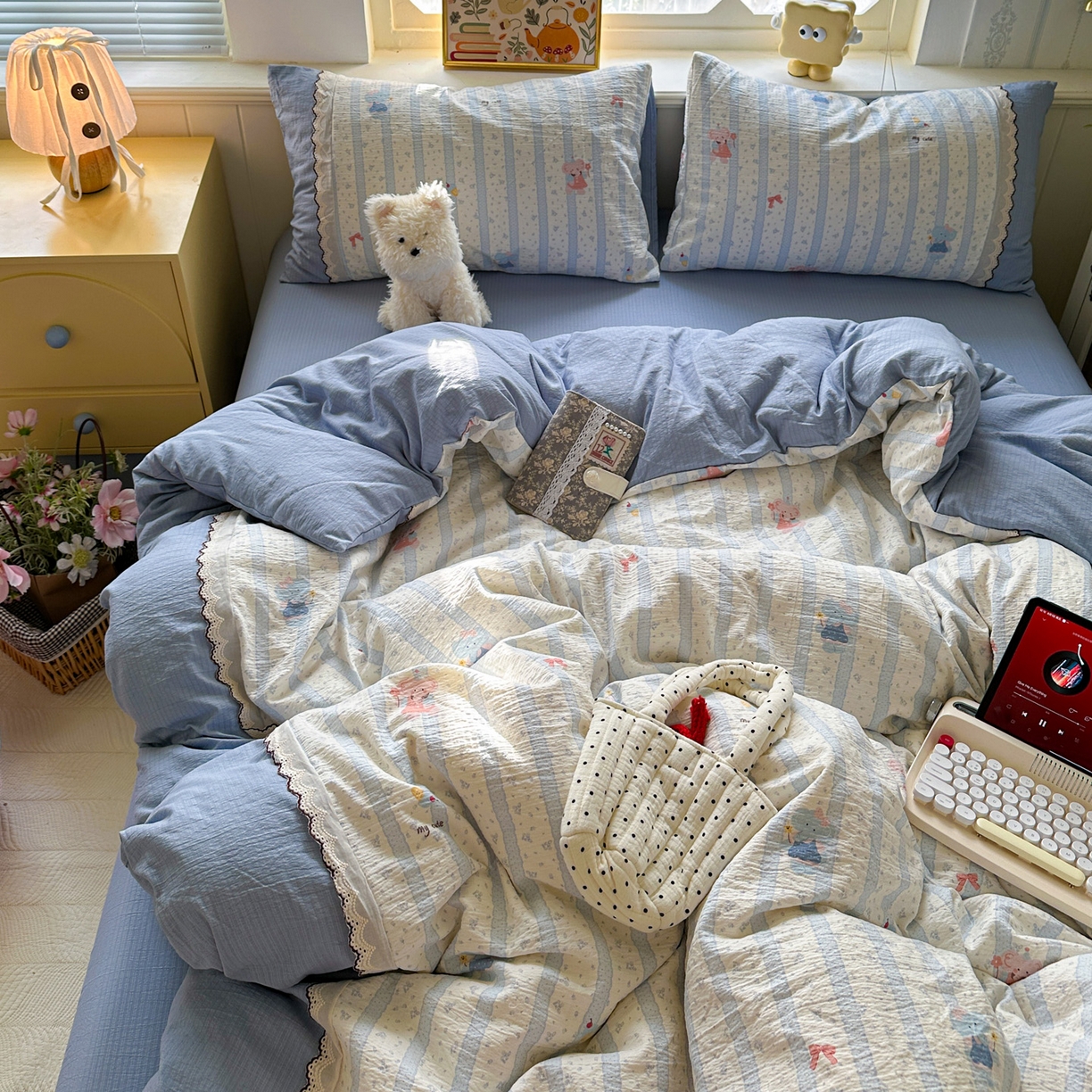 91家纺网 家纺一手货源 找家纺 （总）水墨江南 2025新款云感皱皱纱全棉花边四件套场景一