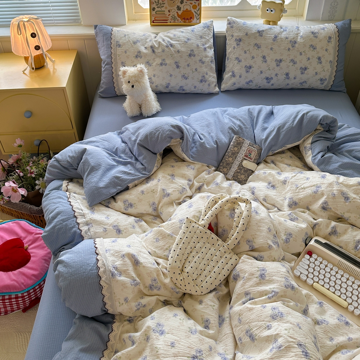 91家纺网 家纺一手货源 找家纺 （总）水墨江南 2025新款云感皱皱纱全棉花边四件套场景一