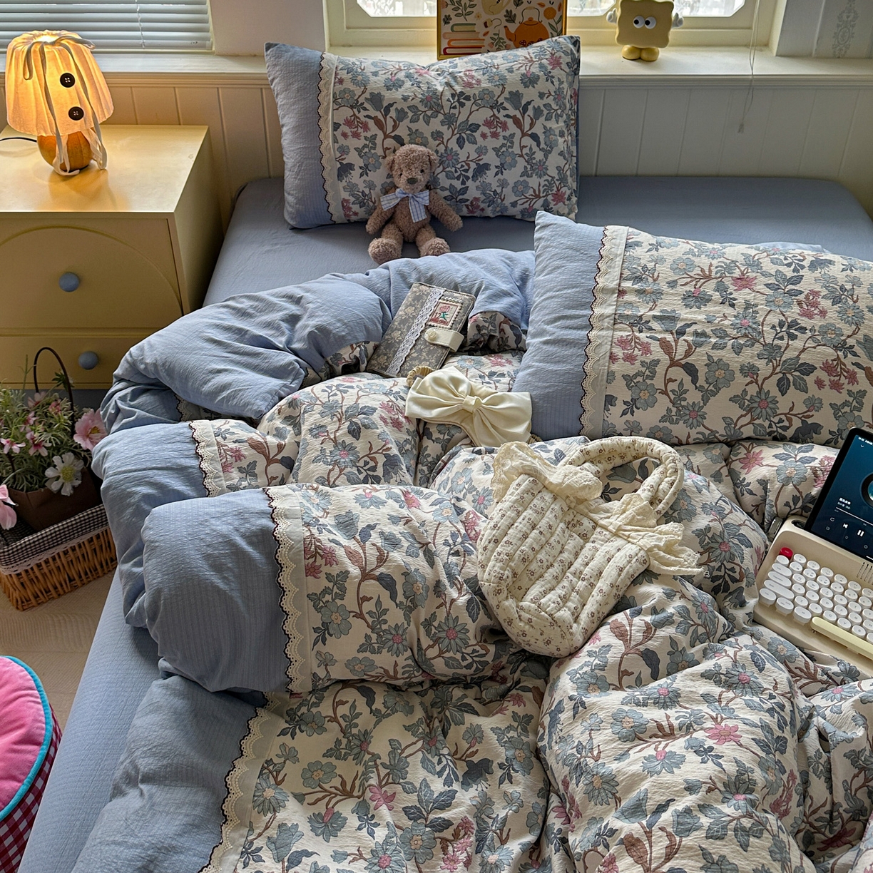 水墨江南 2025新款云感皱皱纱全棉花边四件套场景一 花边款-繁花