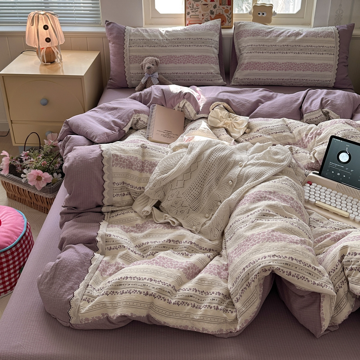 91家纺网 家纺一手货源 找家纺 水墨江南 2025新款云感皱皱纱全棉花边四件套场景一 花边款-花序