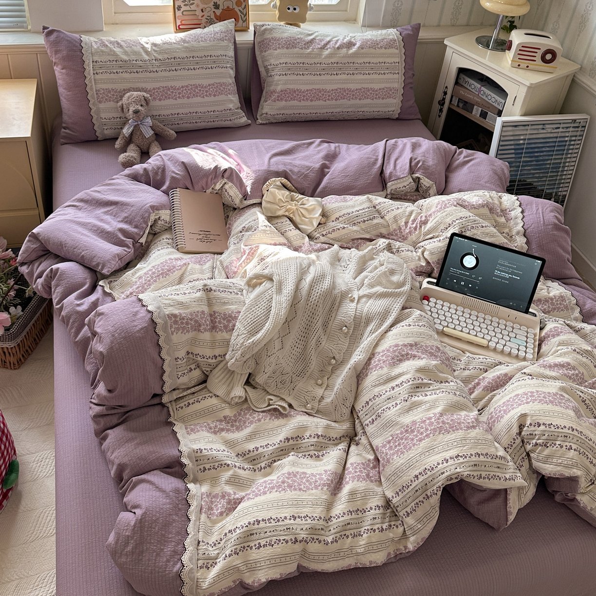 91家纺网 家纺一手货源 找家纺 水墨江南 2025新款云感皱皱纱全棉花边四件套场景一 花边款-花序